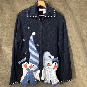 Women’s Size L 14/16 Penguin Christmas Winter Blue Zip Up Cardigan Sweater